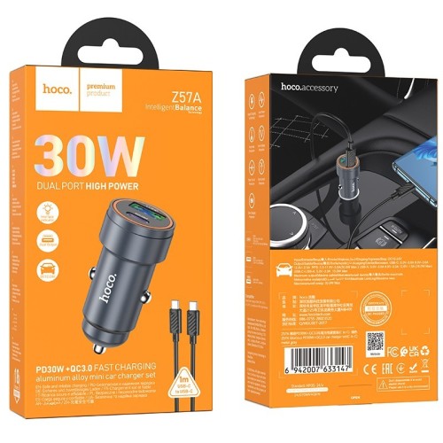 AUTOMOBILINIS ĮKROVIKLIS HOCO Z57A 30W USB-C/USB-A + USB-C TO USB-C CABLE 1.0M PILKAS AUTOMOBILINIS ĮKROVIKLIS HOCO Z57A 30W USB-C/USB-A + USB-C TO USB-C CABLE 1.0M PILKAS