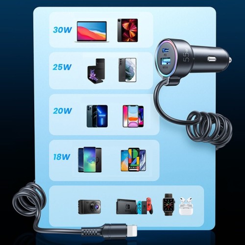 AUTOMOBILINIS ĮKROVIKLIS JOYROOM JR-CL07 3-IN-1 USB/TYPE-C 55W + TYPE-C 1.5M JUODAS