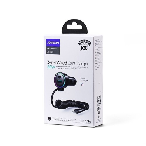 AUTOMOBILINIS ĮKROVIKLIS JOYROOM JR-CL07 3-IN-1 USB/TYPE-C 55W + TYPE-C 1.5M JUODAS