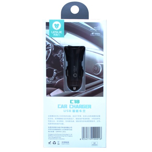 AUTOMOBILINIS ĮKROVIKLIS LESLIE C18 SU 2 USB JUNGTIMIS 2.4A (1A+2A) JUODAS AUTOMOBILINIS ĮKROVIKLIS LESLIE C18 SU 2 USB JUNGTIMIS 2.4A (1A+2A) JUODAS