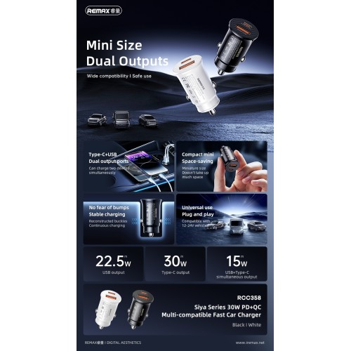 AUTOMOBILINIS ĮKROVIKLIS REMAX RCC358 30W USB-C/USB-A JUODAS AUTOMOBILINIS ĮKROVIKLIS REMAX RCC358 30W USB-C/USB-A JUODAS