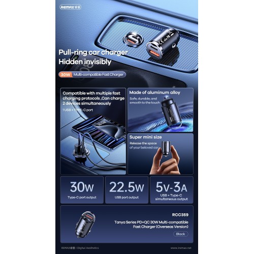 AUTOMOBILINIS ĮKROVIKLIS REMAX RCC359 30W USB-C/USB-A JUODAS AUTOMOBILINIS ĮKROVIKLIS REMAX RCC359 30W USB-C/USB-A JUODAS
