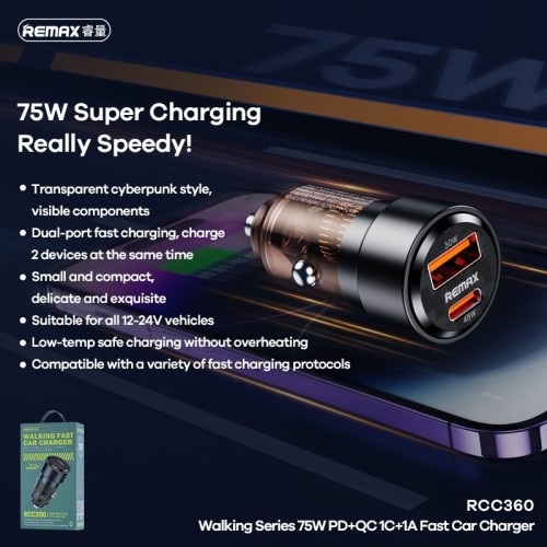 AUTOMOBILINIS ĮKROVIKLIS REMAX RCC360 75W USB-C/USB-A JUODAS AUTOMOBILINIS ĮKROVIKLIS REMAX RCC360 75W USB-C/USB-A JUODAS