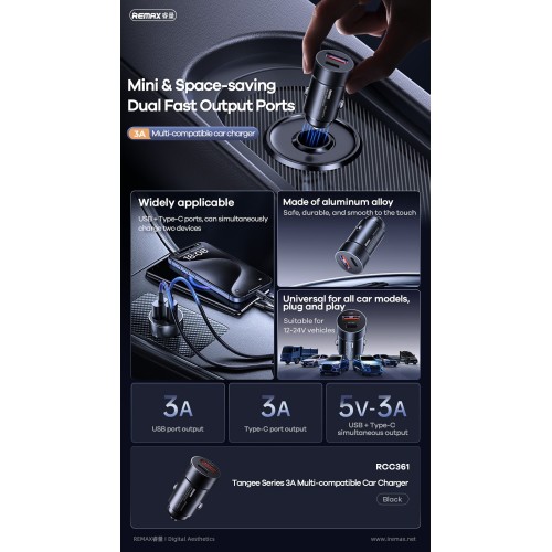 AUTOMOBILINIS ĮKROVIKLIS REMAX RCC361 15W USB-C/USB-A JUODAS AUTOMOBILINIS ĮKROVIKLIS REMAX RCC361 15W USB-C/USB-A JUODAS