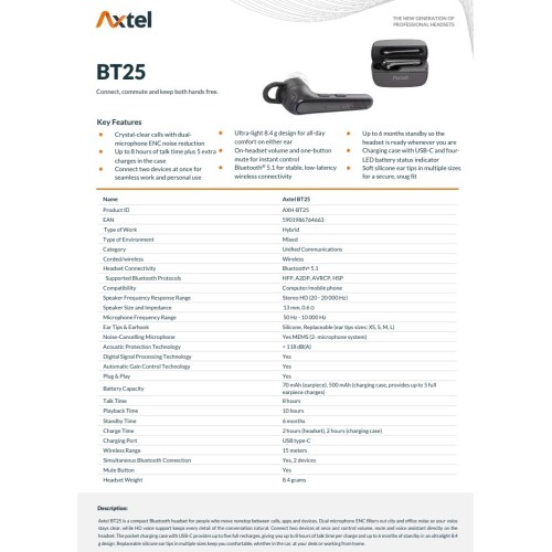 BELAIDĖ LAISVŲ RANKŲ ĮRANGA AXTEL BT25 BELAIDĖ LAISVŲ RANKŲ ĮRANGA AXTEL BT25