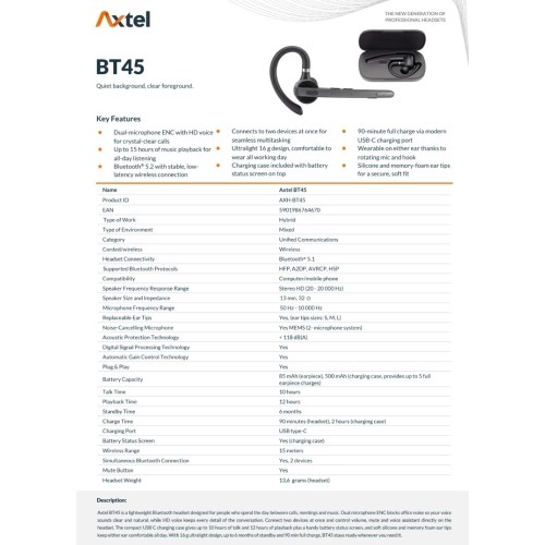 BELAIDĖ LAISVŲ RANKŲ ĮRANGA AXTEL BT45