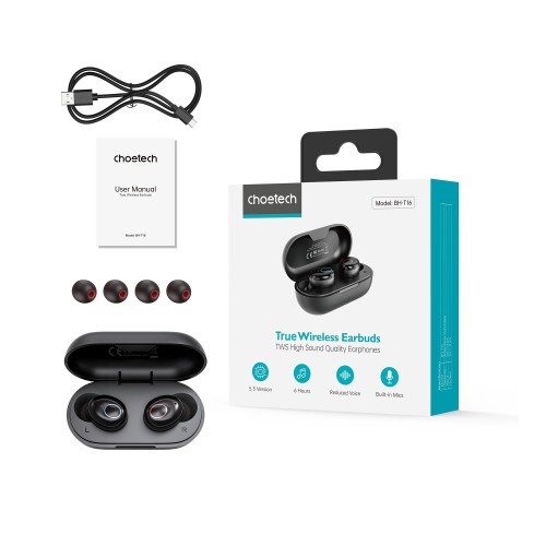 BELAIDĖS AUSINĖS CHOETECH BH-T16 HI-FI BEAN TWS JUODOS