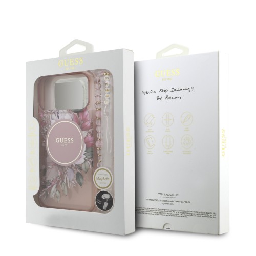 DĖKLAS GUESS IML FLOWERS STRAP MAGSAFE APPLE IPHONE 17 PRO MAX ROŽINIS
