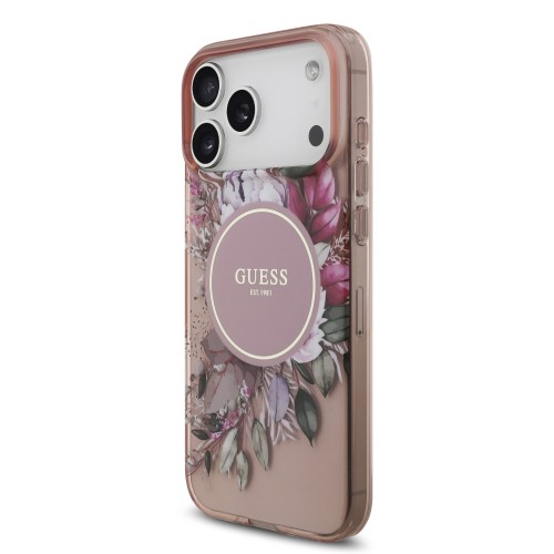 DĖKLAS GUESS IML FLOWERS STRAP MAGSAFE APPLE IPHONE 17 PRO MAX ROŽINIS