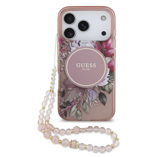 DĖKLAS GUESS IML FLOWERS STRAP MAGSAFE APPLE IPHONE 17 PRO ROŽINIS DĖKLAS GUESS IML FLOWERS STRAP MAGSAFE APPLE IPHONE 17 PRO ROŽINIS