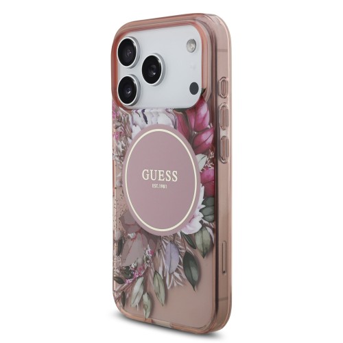 DĖKLAS GUESS IML FLOWERS STRAP MAGSAFE APPLE IPHONE 17 PRO ROŽINIS
