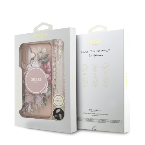 DĖKLAS GUESS IML FLOWERS STRAP MAGSAFE APPLE IPHONE 17 ROŽINIS