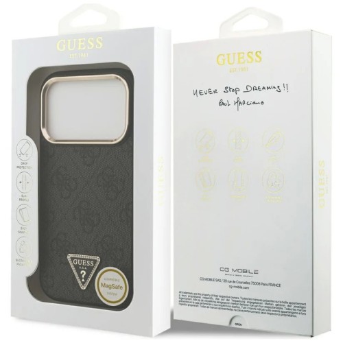 DĖKLAS GUESS PU LEATHER 4G STRASS TRIANGLE LOGO GOLD FRAME MAGSAFE APPLE IPHONE 17 PRO MAX JUODAS DĖKLAS GUESS PU LEATHER 4G STRASS TRIANGLE LOGO GOLD FRAME MAGSAFE APPLE IPHONE 17 PRO MAX JUODAS