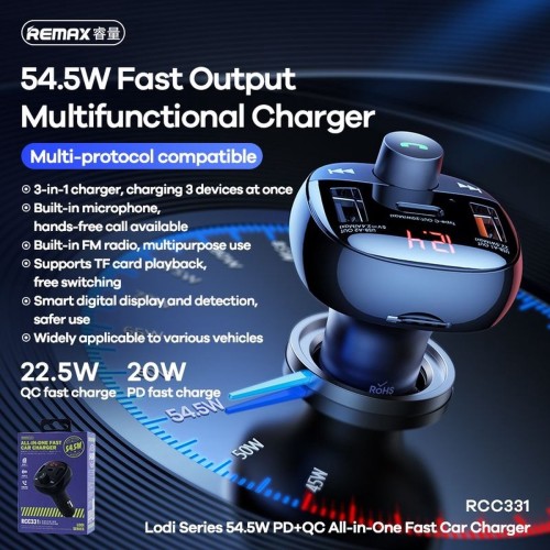 FM BANGŲ MODULIATORIUS REMAX RCC331 54.5W 2XUSB-A/1XUSB-C JUODAS FM BANGŲ MODULIATORIUS REMAX RCC331 54.5W 2XUSB-A/1XUSB-C JUODAS