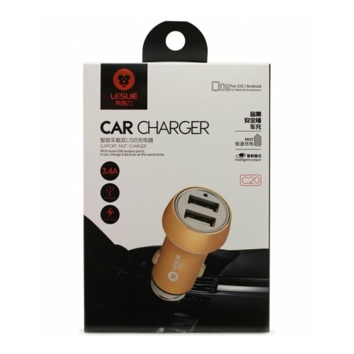 ĮKROVIKLIS AUTOMOBILINIS LESLIE C20 METAL SU 2 USB 3.4A AUKSINĖS SPALVOS ĮKROVIKLIS AUTOMOBILINIS LESLIE C20 METAL SU 2 USB 3.4A AUKSINĖS SPALVOS