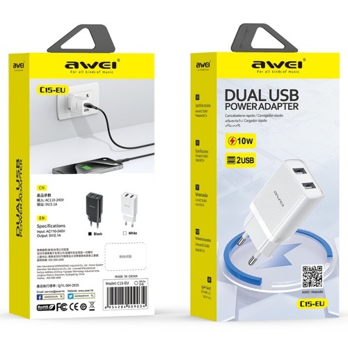 ĮKROVIKLIS AWEI C15-EU 10W 2XUSB-A BALTAS