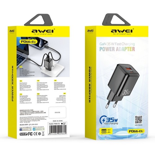 ĮKROVIKLIS AWEI PD66-EU 35W GAN USB-A/USB-C BALTAS ĮKROVIKLIS AWEI PD66-EU 35W GAN USB-A/USB-C BALTAS