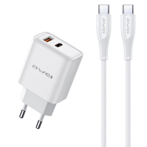 ĮKROVIKLIS AWEI PD81C-EU 22.5W USB-A/USB-C + USB-C TO USB-C CABLE 1.0M BALTAS ĮKROVIKLIS AWEI PD81C-EU 22.5W USB-A/USB-C + USB-C TO USB-C CABLE 1.0M BALTAS