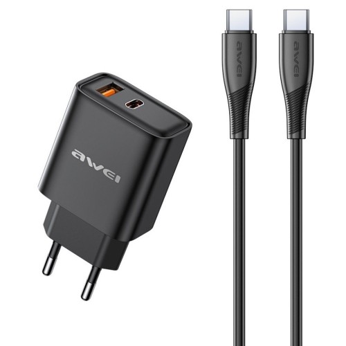 ĮKROVIKLIS AWEI PD81C-EU 22.5W USB-A/USB-C + USB-C TO USB-C CABLE 1.0M JUODAS ĮKROVIKLIS AWEI PD81C-EU 22.5W USB-A/USB-C + USB-C TO USB-C CABLE 1.0M JUODAS