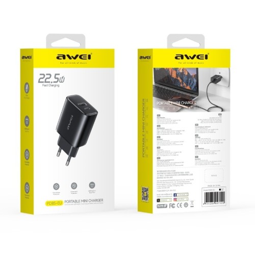ĮKROVIKLIS AWEI PD85T-EU 22.5W USB-A/USB-C + USB-A TO USB-C CABLE 1.0M JUODAS ĮKROVIKLIS AWEI PD85T-EU 22.5W USB-A/USB-C + USB-A TO USB-C CABLE 1.0M JUODAS