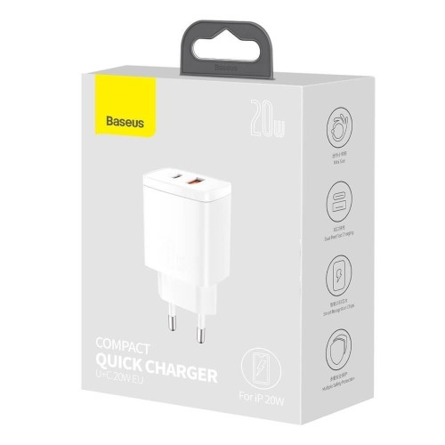 ĮKROVIKLIS BASEUS COMPACT QUICK CHARGER 20W USB-C/USB-A BALTAS CCXJ-B02 ĮKROVIKLIS BASEUS COMPACT QUICK CHARGER 20W USB-C/USB-A BALTAS CCXJ-B02