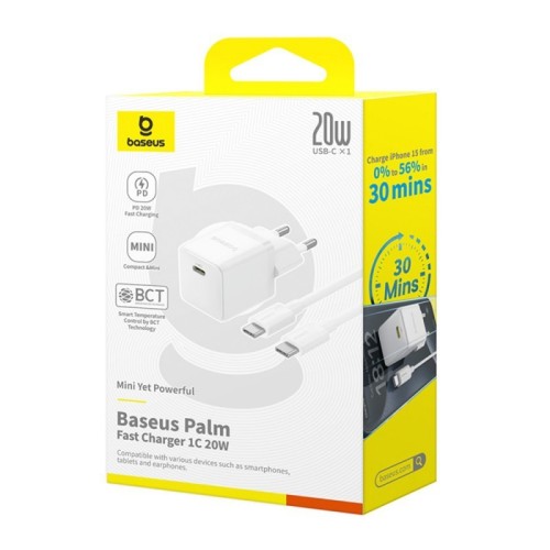 ĮKROVIKLIS BASEUS PALM 20W USB-C + USB-C TO USB-C CABLE 1.0M BALTAS P10111602213-01 ĮKROVIKLIS BASEUS PALM 20W USB-C + USB-C TO USB-C CABLE 1.0M BALTAS P10111602213-01