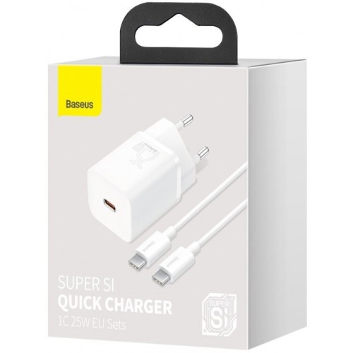 ĮKROVIKLIS BASEUS SUPER SI 25W USB-C + USB-C TO USB-C CABLE 1.0M BALTAS TZCCSUP-L02 ĮKROVIKLIS BASEUS SUPER SI 25W USB-C + USB-C TO USB-C CABLE 1.0M BALTAS TZCCSUP-L02