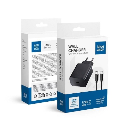 ĮKROVIKLIS BLUE STAR 25W USB-C + USB-C TO USB-C CABLE JUODAS ĮKROVIKLIS BLUE STAR 25W USB-C + USB-C TO USB-C CABLE JUODAS