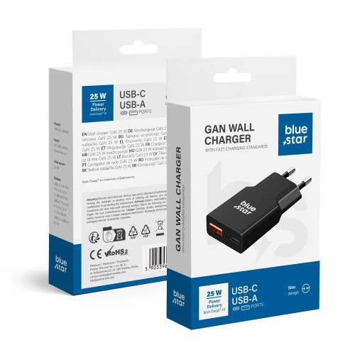 ĮKROVIKLIS BLUE STAR SLIM GAN 25W USB-C/USB-A JUODAS ĮKROVIKLIS BLUE STAR SLIM GAN 25W USB-C/USB-A JUODAS