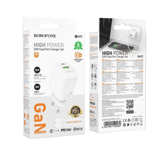 ĮKROVIKLIS BOROFONE BN27 20W USB-C/USB-A + USB-C TO USB-C CABLE 1.0M BALTAS ĮKROVIKLIS BOROFONE BN27 20W USB-C/USB-A + USB-C TO USB-C CABLE 1.0M BALTAS