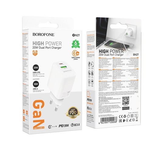 ĮKROVIKLIS BOROFONE BN27 20W USB-C/USB-A BALTAS ĮKROVIKLIS BOROFONE BN27 20W USB-C/USB-A BALTAS