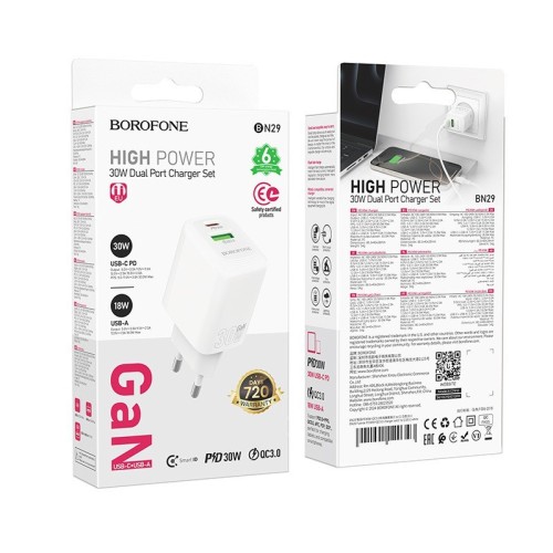ĮKROVIKLIS BOROFONE BN29 30W USB-C/USB-A BALTAS