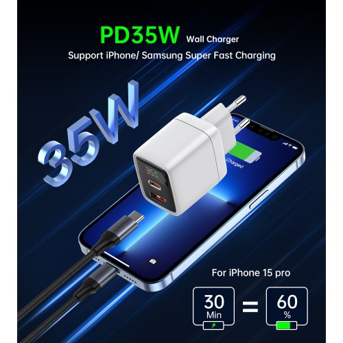 ĮKROVIKLIS CHOETECH PD6052 35W USB-C/USB-A BALTAS ĮKROVIKLIS CHOETECH PD6052 35W USB-C/USB-A BALTAS