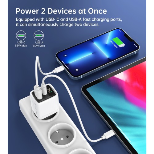 ĮKROVIKLIS CHOETECH PD6052 35W USB-C/USB-A BALTAS ĮKROVIKLIS CHOETECH PD6052 35W USB-C/USB-A BALTAS