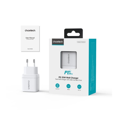ĮKROVIKLIS CHOETECH PD6052 35W USB-C/USB-A BALTAS ĮKROVIKLIS CHOETECH PD6052 35W USB-C/USB-A BALTAS