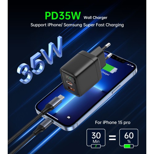 ĮKROVIKLIS CHOETECH PD6052 35W USB-C/USB-A JUODAS ĮKROVIKLIS CHOETECH PD6052 35W USB-C/USB-A JUODAS