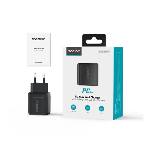 ĮKROVIKLIS CHOETECH PD6052 35W USB-C/USB-A JUODAS ĮKROVIKLIS CHOETECH PD6052 35W USB-C/USB-A JUODAS