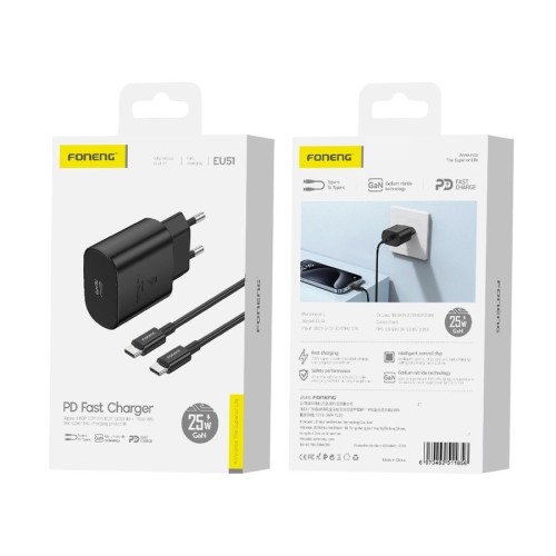 ĮKROVIKLIS FONENG EU51 GAN 25W USB-C + USB-C TO USB-C CABLE JUODAS ĮKROVIKLIS FONENG EU51 GAN 25W USB-C + USB-C TO USB-C CABLE JUODAS