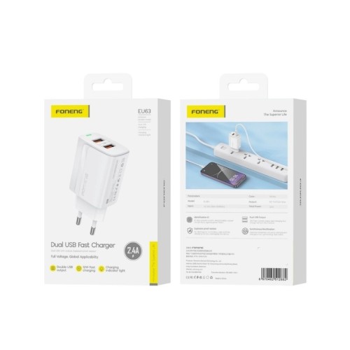 ĮKROVIKLIS FONENG EU63 2.4A 2XUSB-A BALTAS