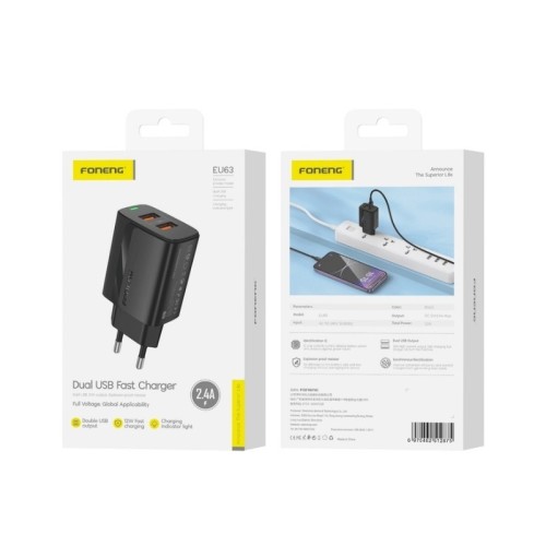 ĮKROVIKLIS FONENG EU63 2.4A 2XUSB-A JUODAS ĮKROVIKLIS FONENG EU63 2.4A 2XUSB-A JUODAS