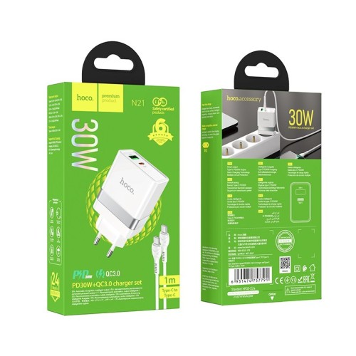 ĮKROVIKLIS HOCO N21 30W USB-C/USB-A + USB-C TO USB-C CABLE 1.0M BALTAS