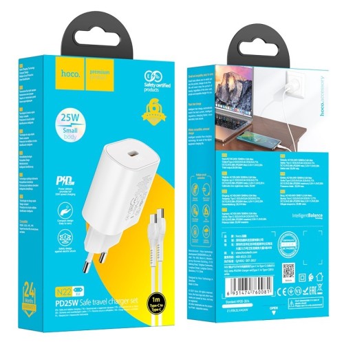 ĮKROVIKLIS HOCO N22 25W USB-C + USB-C TO USB-C CABLE 1.0M BALTAS ĮKROVIKLIS HOCO N22 25W USB-C + USB-C TO USB-C CABLE 1.0M BALTAS