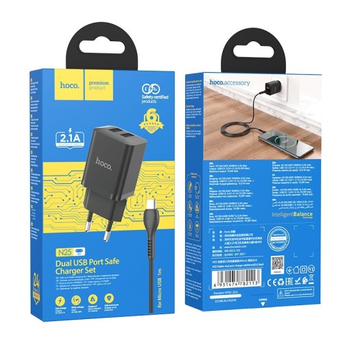 ĮKROVIKLIS HOCO N25 2XUSB-A (2.1A) + MICROUSB JUODAS
