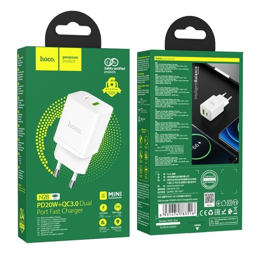 ĮKROVIKLIS HOCO N28 20W USB-C/USB-A BALTAS