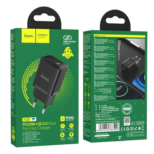 ĮKROVIKLIS HOCO N28 20W USB-C/USB-A JUODAS
