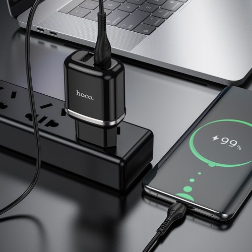 ĮKROVIKLIS HOCO N4 12W 2XUSB-A + USB-A TO MICROUSB CABLE 1.0M JUODAS