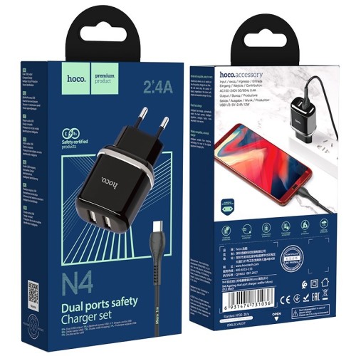 ĮKROVIKLIS HOCO N4 12W 2XUSB-A + USB-A TO MICROUSB CABLE 1.0M JUODAS