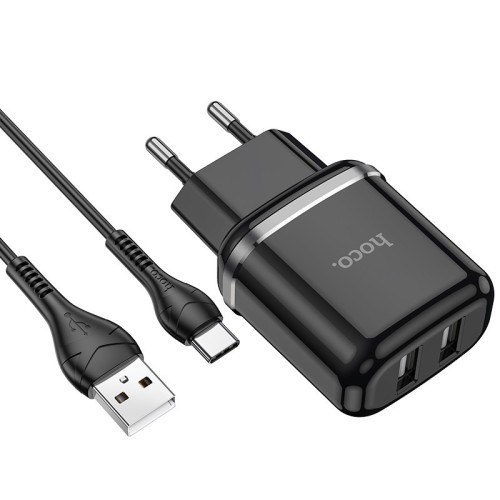 ĮKROVIKLIS HOCO N4 12W 2XUSB-A + USB-A TO USB-C CABLE 1.0M JUODAS ĮKROVIKLIS HOCO N4 12W 2XUSB-A + USB-A TO USB-C CABLE 1.0M JUODAS