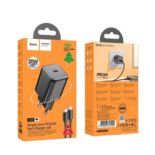 ĮKROVIKLIS HOCO N40 20W USB-C + USB-C TO USB-C CABLE 1.0M JUODAS ĮKROVIKLIS HOCO N40 20W USB-C + USB-C TO USB-C CABLE 1.0M JUODAS