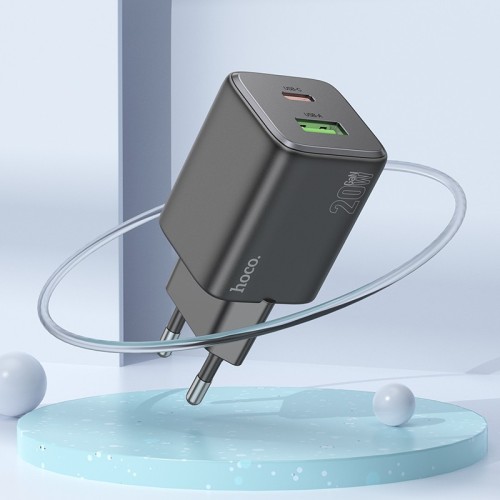 ĮKROVIKLIS HOCO N41 20W GAN USB-A/USB-C + USB-C TO USB-C CABLE 1.0M JUODAS